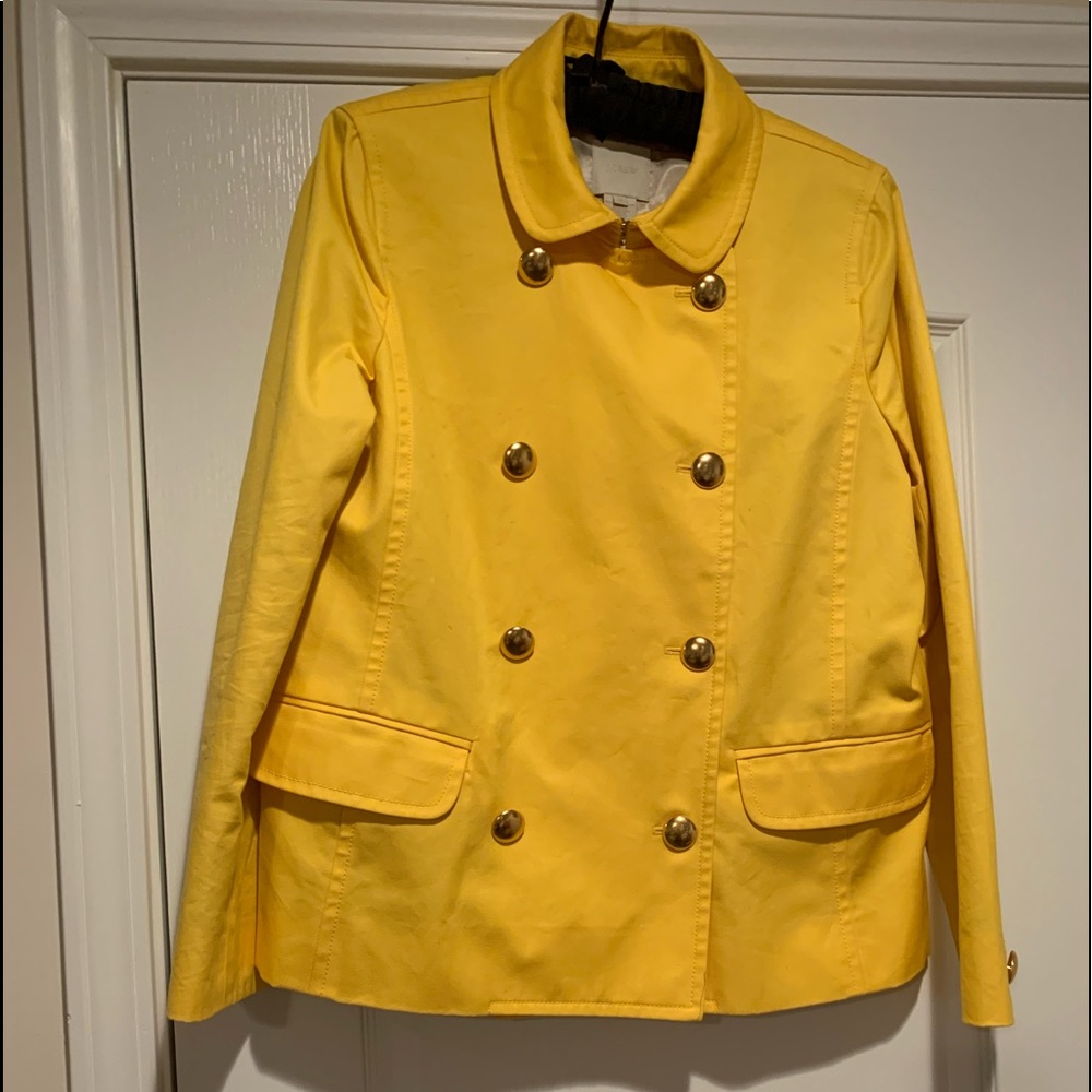 J. Crew sunny yellow, double breasted, twill jacket with brass buttons. Like new